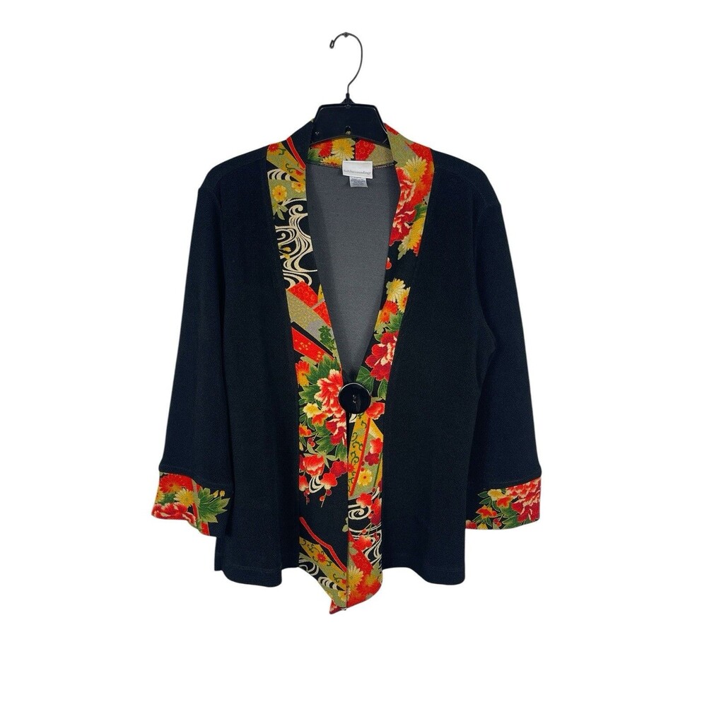 Soft Surroundings Cardigan M Vneck Black Asian Inspired Floral Kimono Trim Artsy
